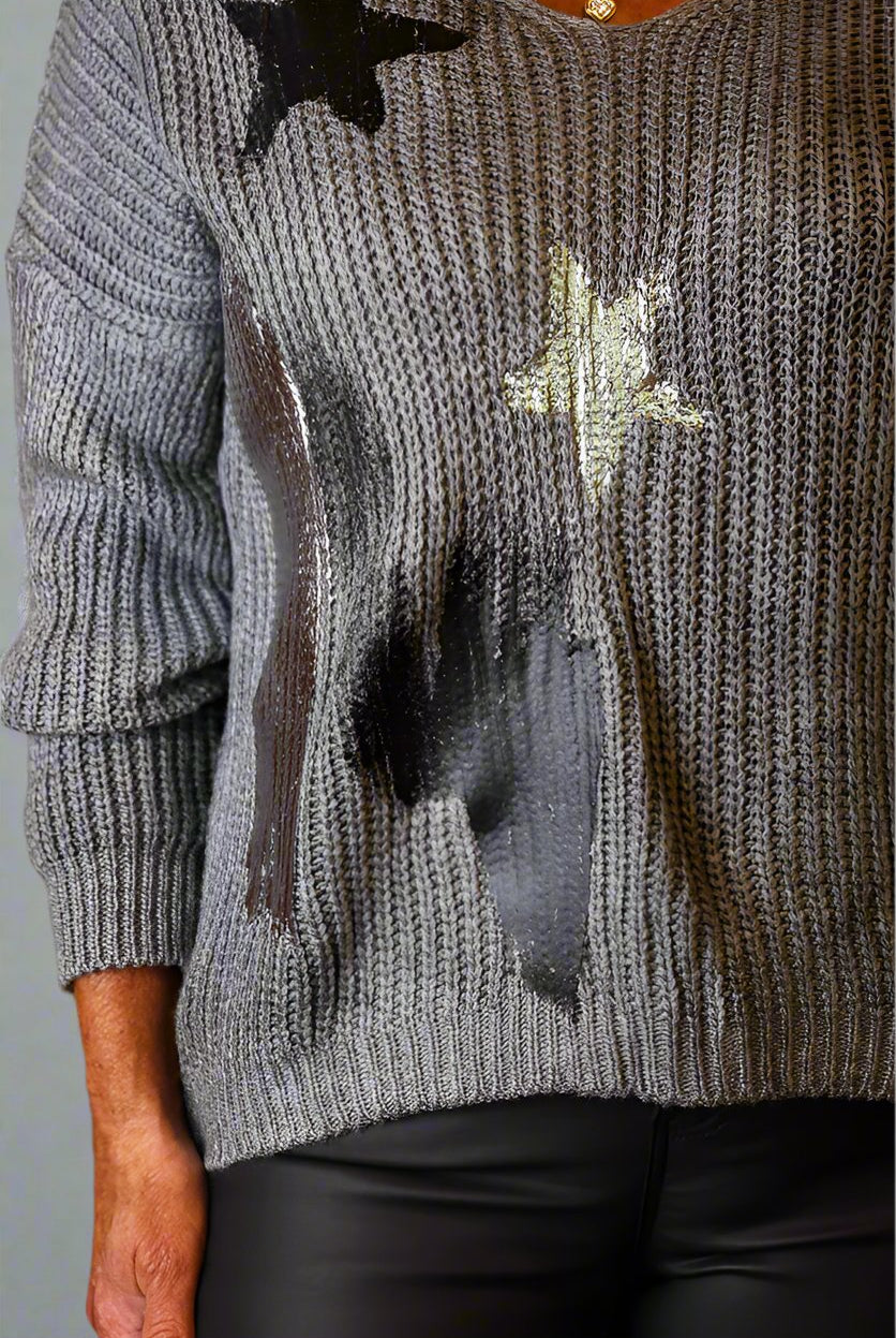 Look Mode Star & Paint Stripe Sweater In Charcoal Grey-Sweaters-Look Mode-Deja Nu Boutique, Women's Fashion Boutique in Lampasas, Texas