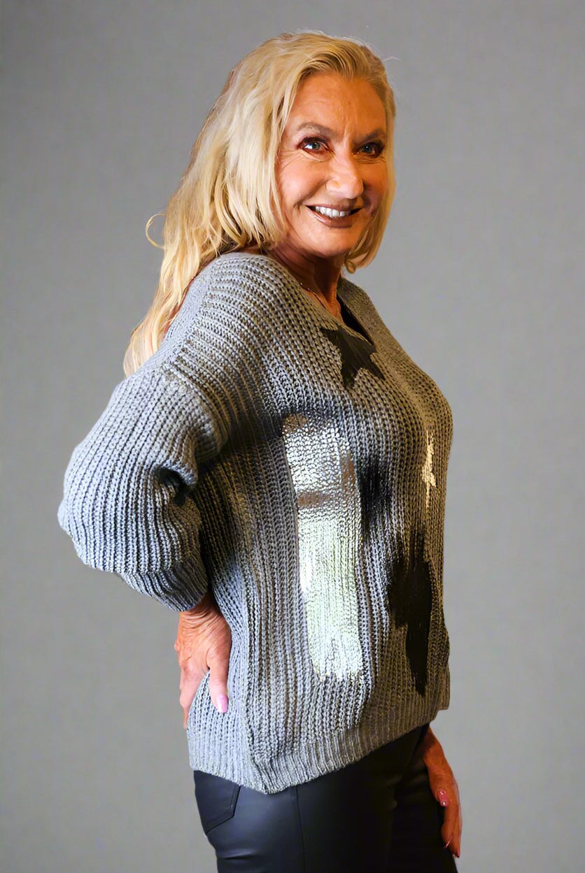 Look Mode Star & Paint Stripe Sweater In Charcoal Grey-Sweaters-Look Mode-Deja Nu Boutique, Women's Fashion Boutique in Lampasas, Texas