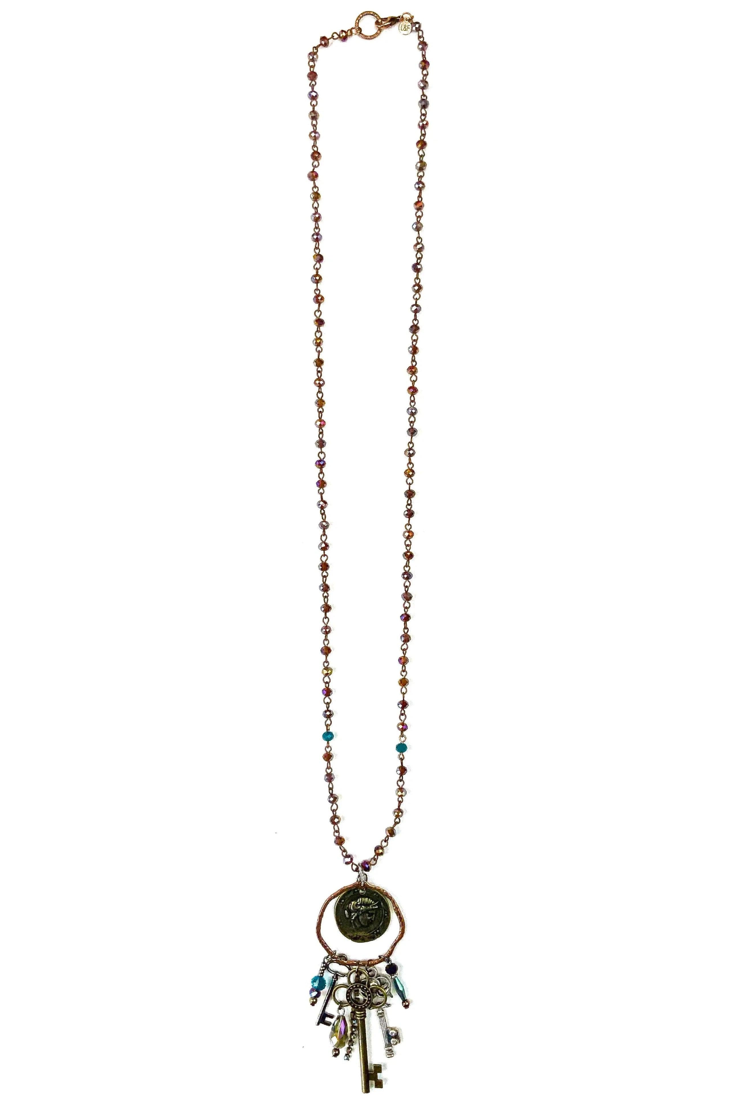 Lost And Found Aurora Collection Small Rosaries Glass With Ring Coin Drop And Key Dangles-Necklaces-Lost And Found-Deja Nu Boutique, Women's Fashion Boutique in Lampasas, Texas