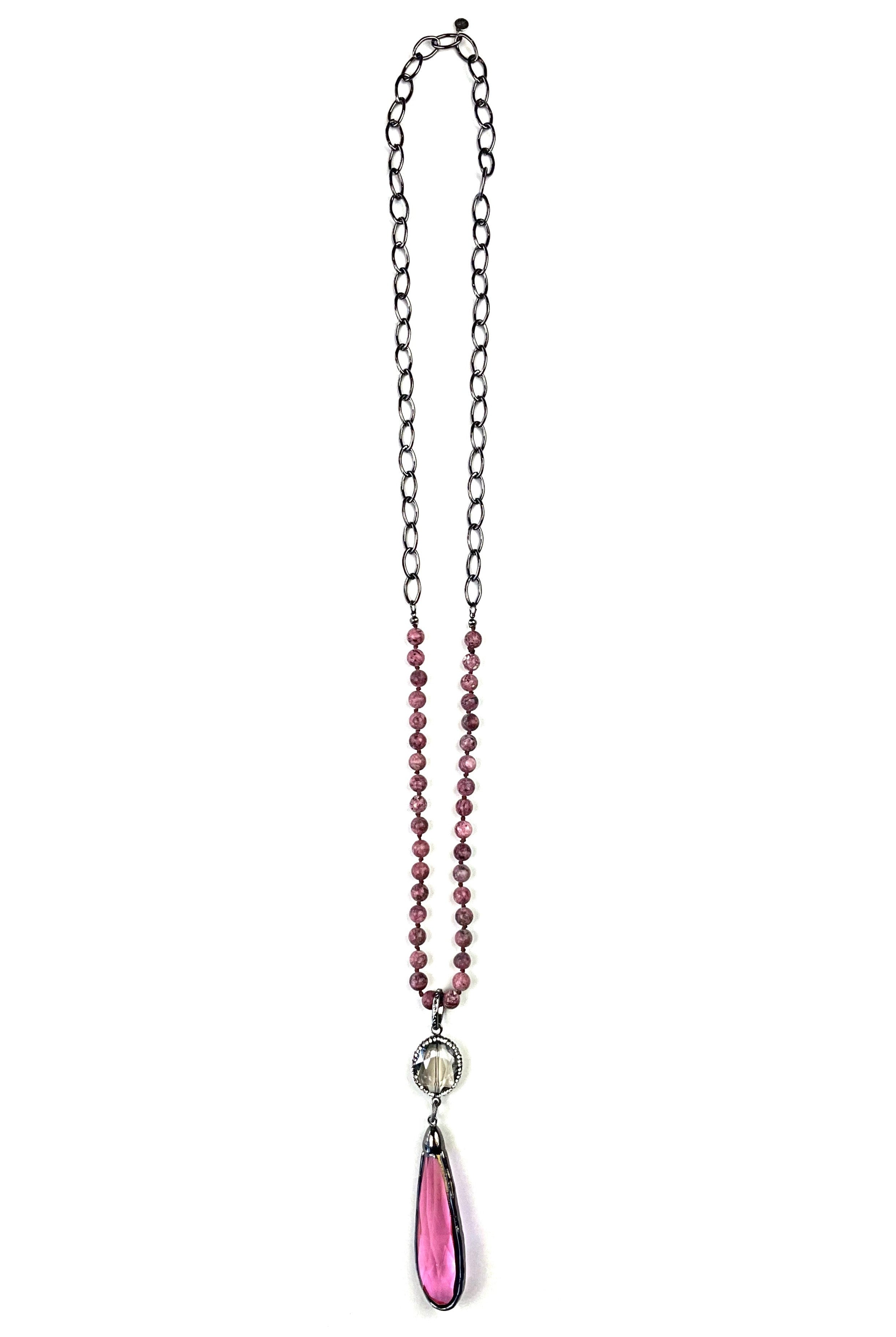 Lost And Found Pink Knotted Stones On Chain With Glass Tear And Bling Pendant-Necklaces-Lost And Found-Deja Nu Boutique, Women's Fashion Boutique in Lampasas, Texas