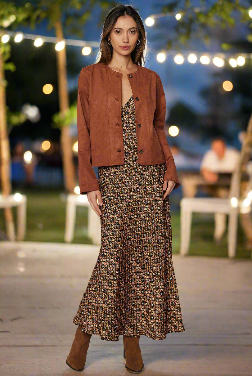Lost + Wander Heritage Revival Brown Multi Cupro Satin Maxi Dress-Maxi Dresses-Lost + Wander-Deja Nu Boutique, Women's Fashion Boutique in Lampasas, Texas