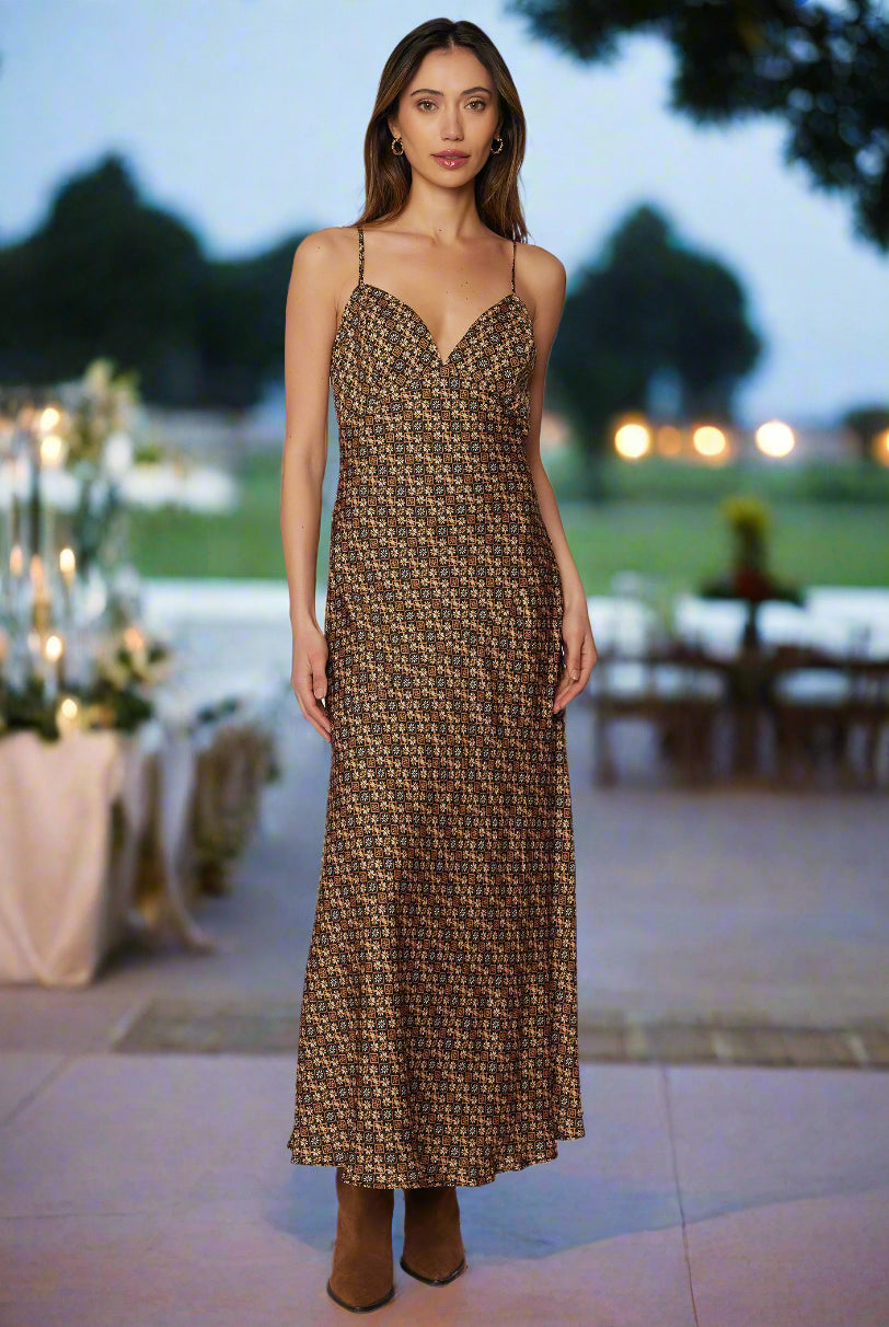 Lost + Wander Heritage Revival Brown Multi Cupro Satin Maxi Dress-Maxi Dresses-Lost + Wander-Deja Nu Boutique, Women's Fashion Boutique in Lampasas, Texas