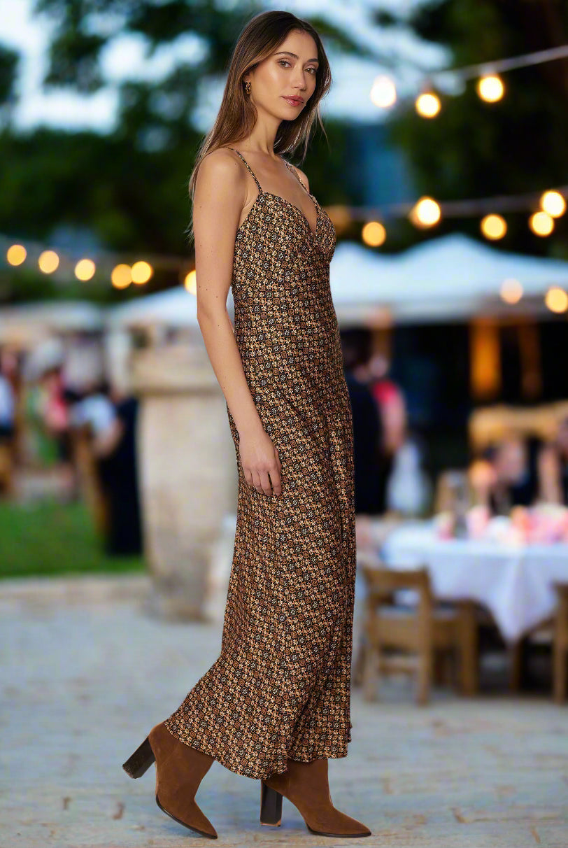Lost + Wander Heritage Revival Brown Multi Cupro Satin Maxi Dress-Maxi Dresses-Lost + Wander-Deja Nu Boutique, Women's Fashion Boutique in Lampasas, Texas
