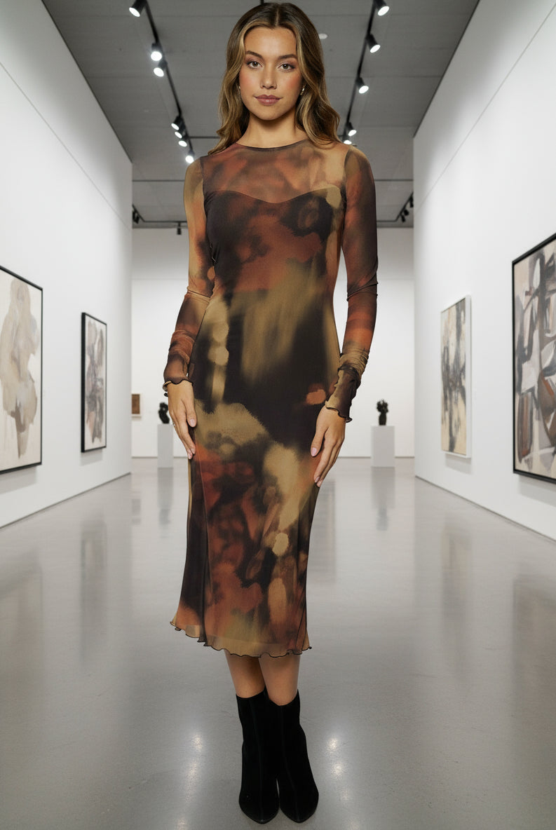 Lost + Wander Luminous Shadow Power Mesh Midi Dress in Brown Multi-Dresses-Lost + Wander-Deja Nu Boutique, Women's Fashion Boutique in Lampasas, Texas