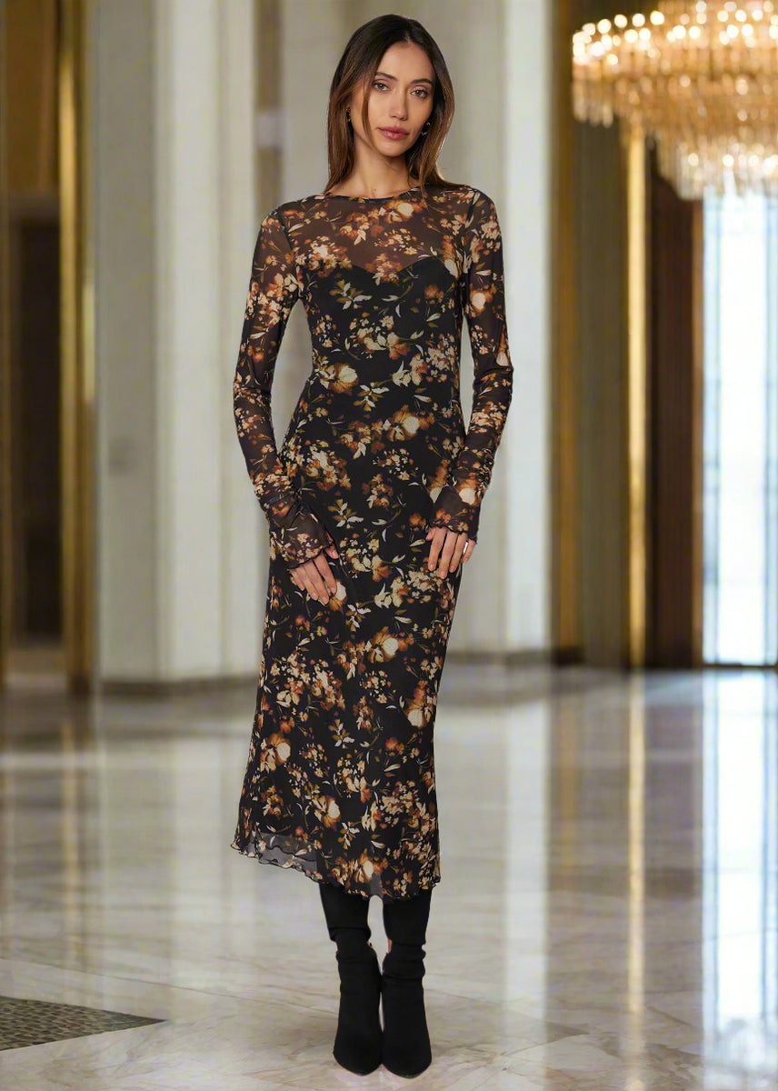 lost wander pick me midi dress Lost + Wander Moonlit Meadow Floral Print Long Sleeve Midi Dress in Black Rust Floral at Nordstrom, Size Small