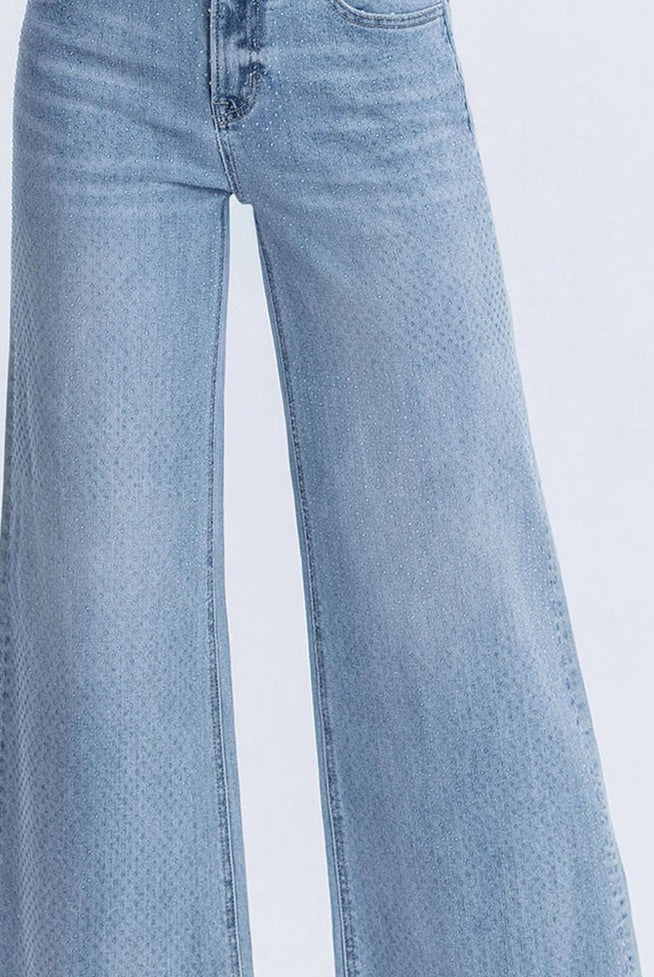 Lovervet by Vervet High Rise Rhinestone Wide Leg Jeans in Telekinesis Wash-Jeans-Lovervet by Vervet-Deja Nu Boutique, Women's Fashion Boutique in Lampasas, Texas