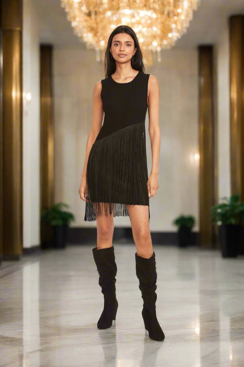 Lucas By The Good Journey Fringe Knit Mini Dress in Black A Holiday Ready Party Look-Dresses-The Good Journey-Deja Nu Boutique, Women's Fashion Boutique in Lampasas, Texas