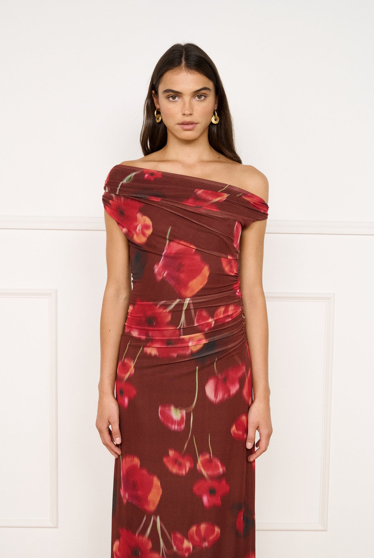 MINKPINK Frida Red Poppy Print Off Shoulder Mesh Maxi Dress-Maxi Dresses-MINKPINK-Deja Nu Boutique, Women's Fashion Boutique in Lampasas, Texas