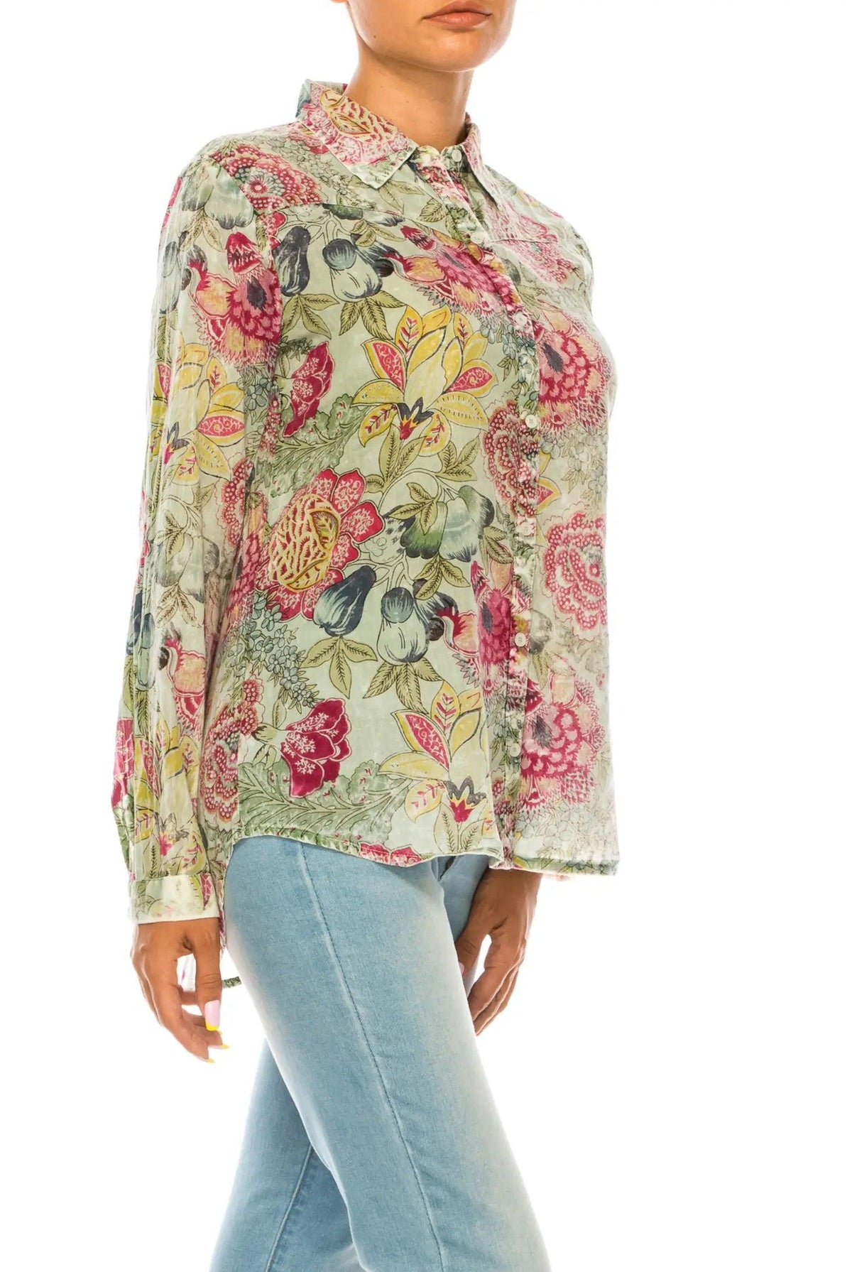 Magazine Clothing Basil Floral Printed Green Button-Down Shirt With Vintage Wash-Tops-Magazine Clothing-Deja Nu Boutique, Women's Fashion Boutique in Lampasas, Texas