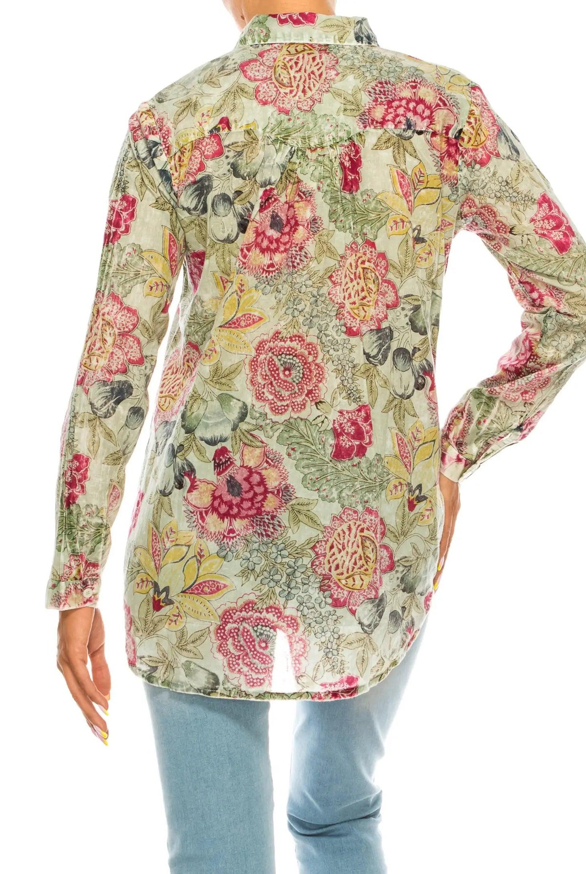 Magazine Clothing Basil Floral Printed Green Button-Down Shirt With Vintage Wash-Tops-Magazine Clothing-Deja Nu Boutique, Women's Fashion Boutique in Lampasas, Texas