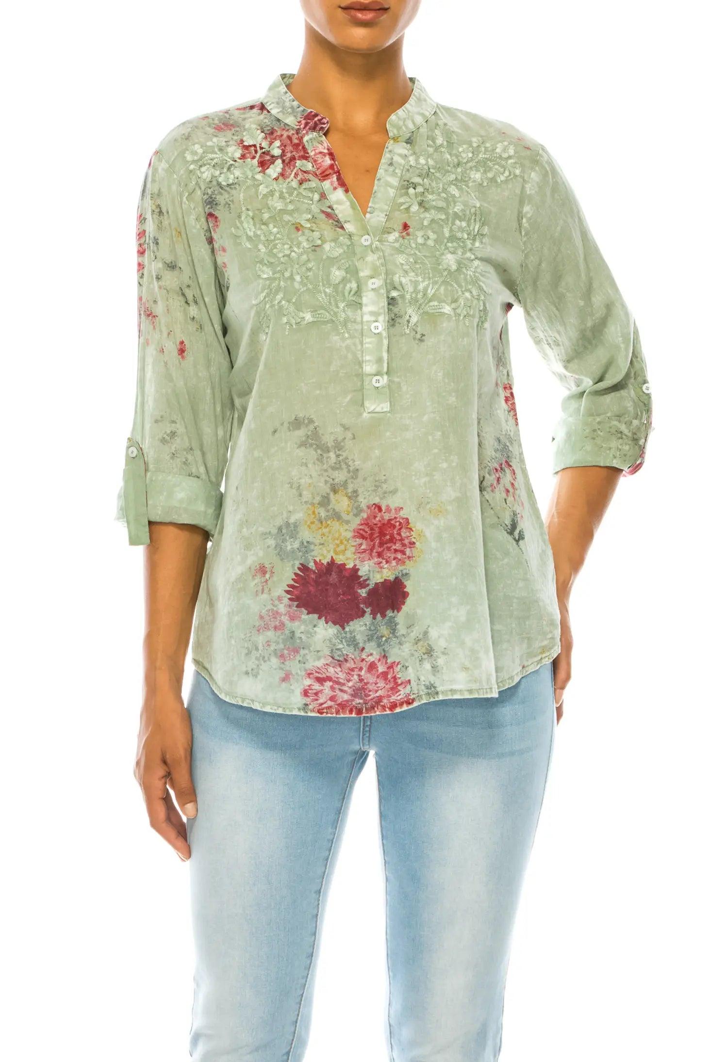 Magazine Clothing Vintage Light Green Basil Floral Printed Tunic with Embroidery-Tunics-Magazine Clothing-Deja Nu Boutique, Women's Fashion Boutique in Lampasas, Texas