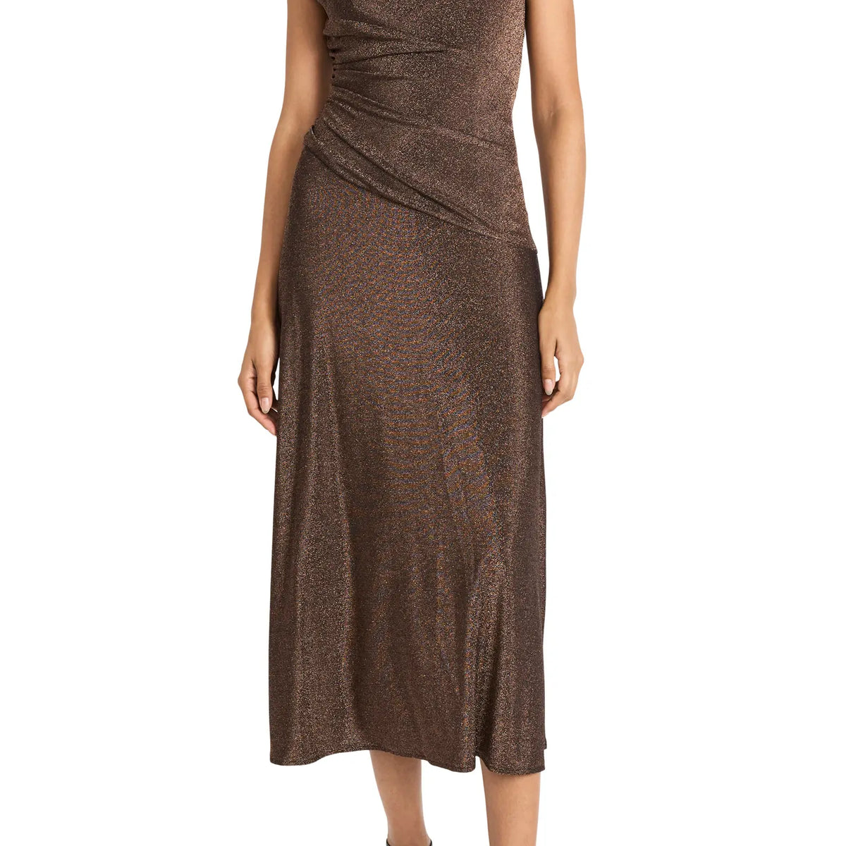 Maggy London Cap Sleeve Metallic Midi Dress In Copper  Deja Nu Tx