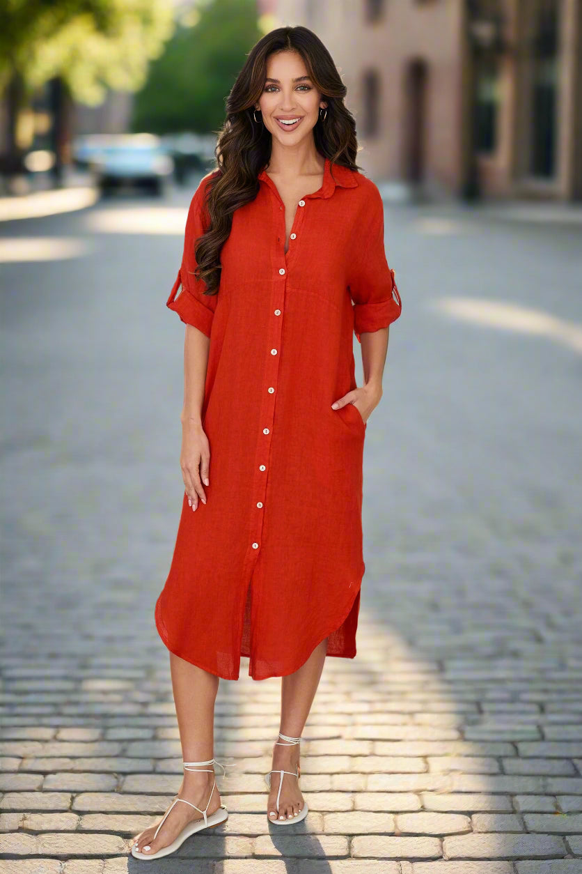 Milio Milano Red Flame Linen Shirt Dress-Midi Dresses-Milio Milano-Deja Nu Boutique, Women's Fashion Boutique in Lampasas, Texas