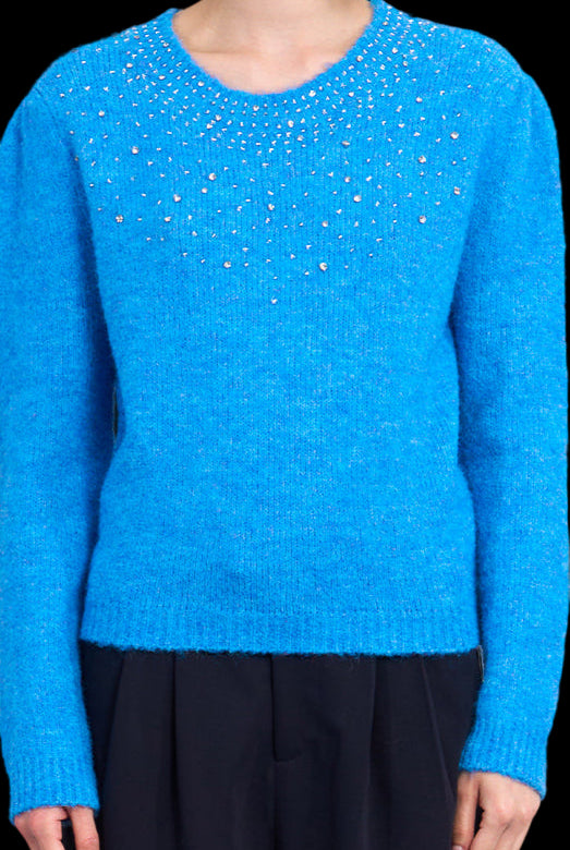 Molly Bracken Blue Rhinestone Embellished Sweater-Sweaters-Molly Bracken-Deja Nu Boutique, Women's Fashion Boutique in Lampasas, Texas