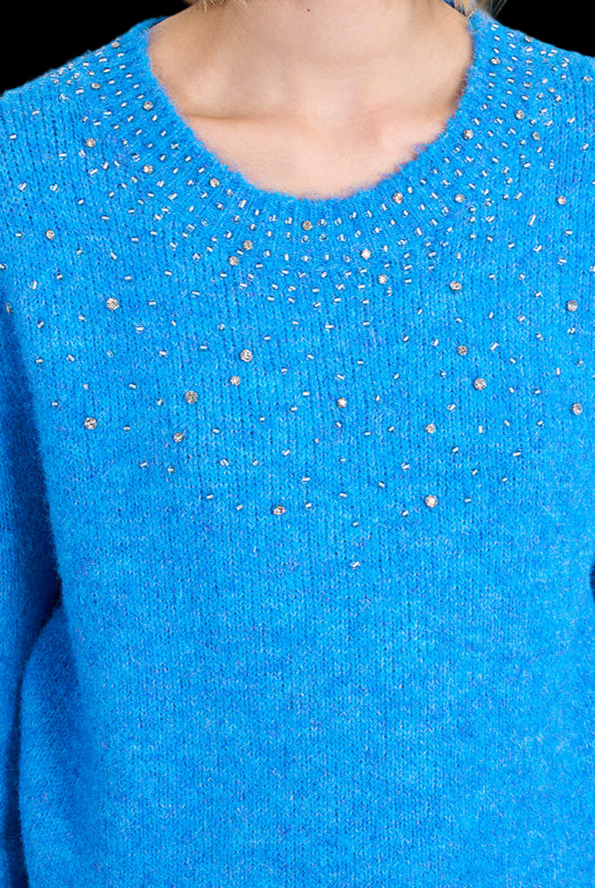 Molly Bracken Blue Rhinestone Embellished Sweater-Sweaters-Molly Bracken-Deja Nu Boutique, Women's Fashion Boutique in Lampasas, Texas