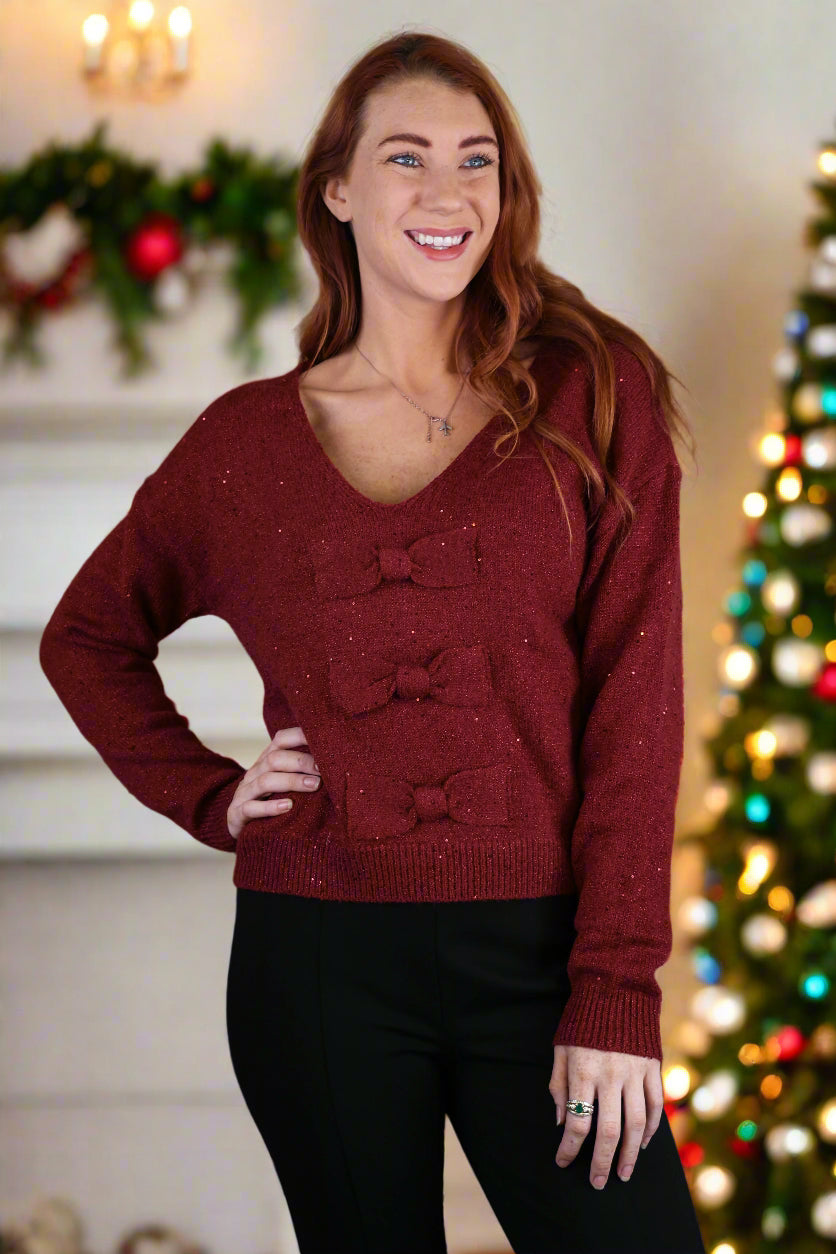 Molly Bracken Dark Red Bow Back Sweater-Sweaters-Molly Bracken-Deja Nu Boutique, Women's Fashion Boutique in Lampasas, Texas