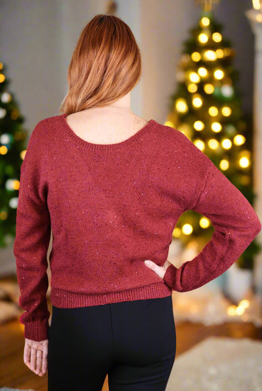 Molly Bracken Dark Red Bow Back Sweater-Sweaters-Molly Bracken-Deja Nu Boutique, Women's Fashion Boutique in Lampasas, Texas