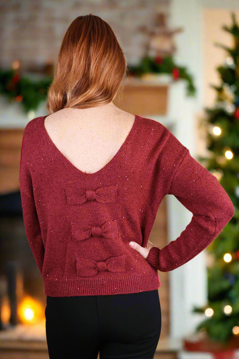 Molly Bracken Dark Red Bow Back Sweater-Sweaters-Molly Bracken-Deja Nu Boutique, Women's Fashion Boutique in Lampasas, Texas