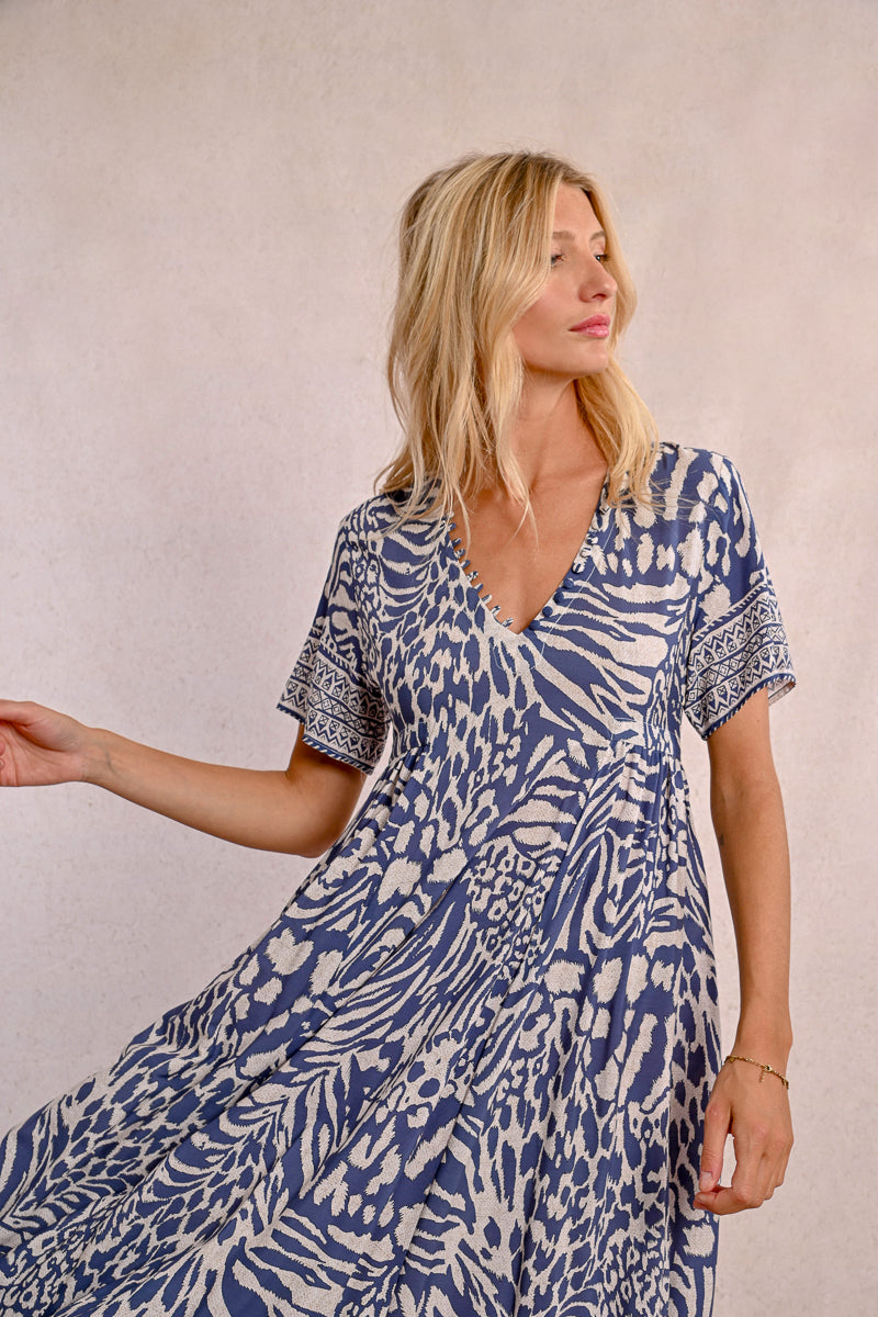 Molly Bracken Denim Blue Maggy Dress – Boho Chic with Delicate Button Detail-Midi Dresses-Molly Bracken-Deja Nu Boutique, Women's Fashion Boutique in Lampasas, Texas