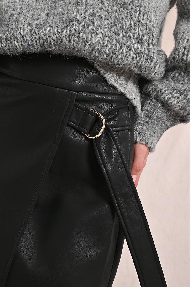 Molly Bracken Faux Leather Midi Skirt with Gold Belt Detail-Bottoms-Molly Bracken-Deja Nu Boutique, Women's Fashion Boutique in Lampasas, Texas