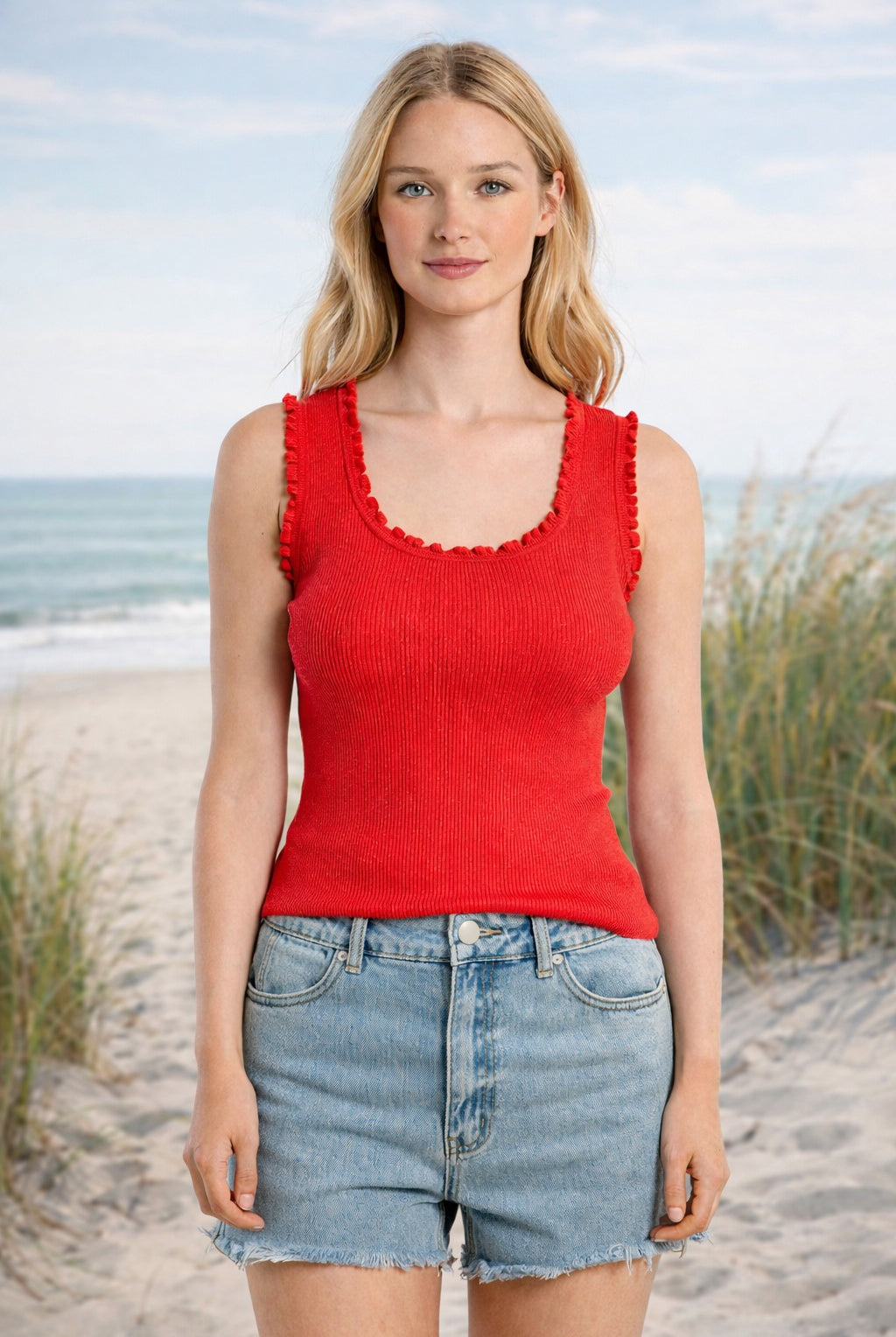 Molly Bracken Red Ruffle Trim Knit Tank Top-Camis/Tanks-Molly Bracken-Deja Nu Boutique, Women's Fashion Boutique in Lampasas, Texas