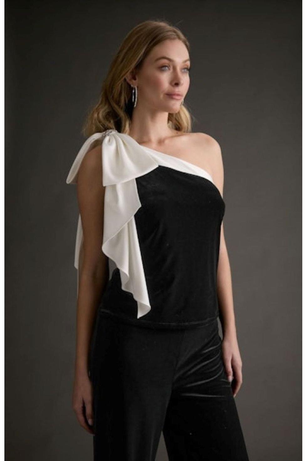Muse for Maggy London One Shoulder Velvet Top with Satin Draped Bow in Black & White-Tops-Muse For Maggy London-Deja Nu Boutique, Women's Fashion Boutique in Lampasas, Texas
