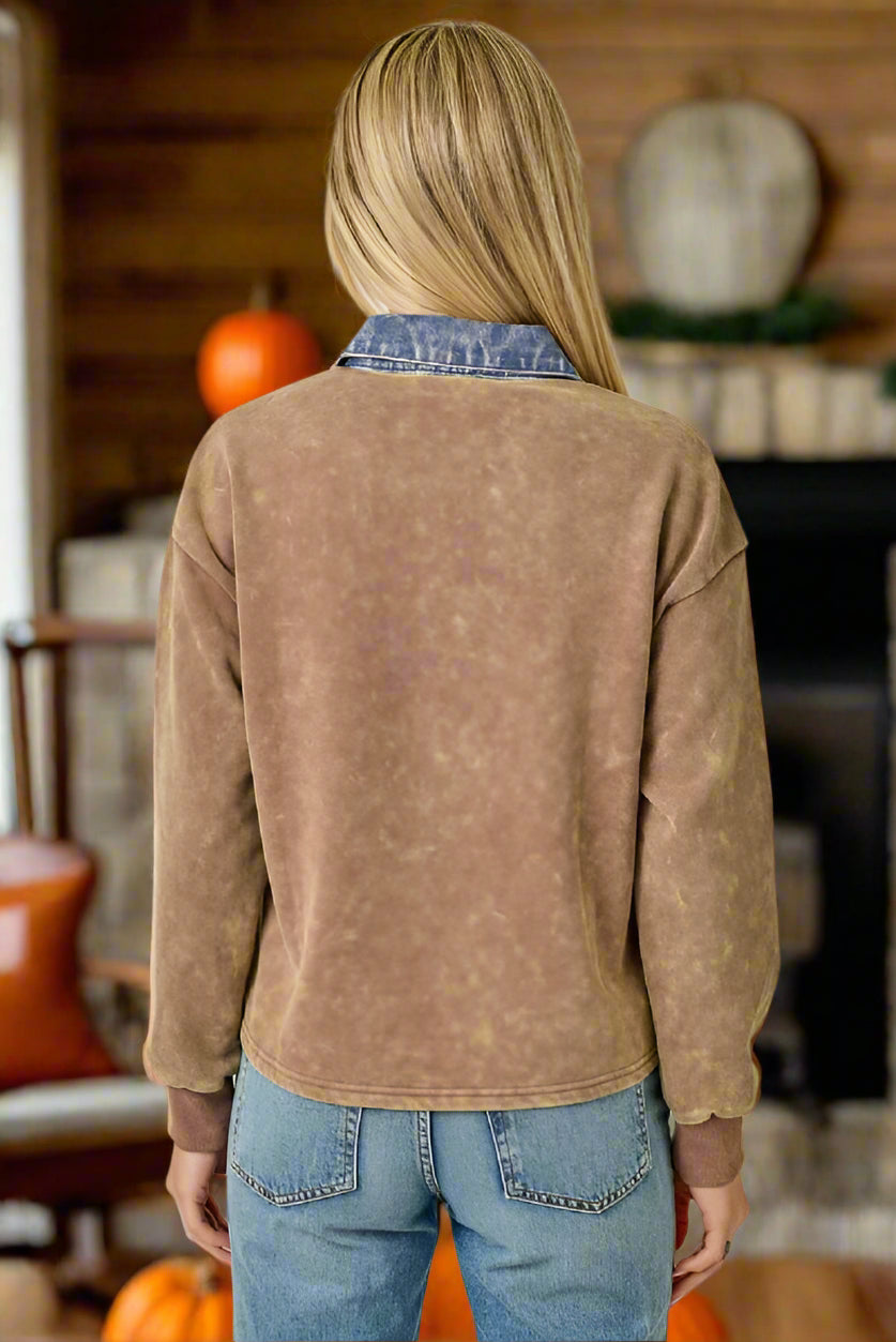 Mystree Denim Collar Washed Polo Shirt In Washed Brown-Tops-mystree-Deja Nu Boutique, Women's Fashion Boutique in Lampasas, Texas