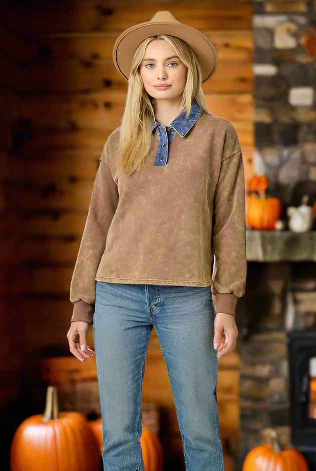 Mystree Denim Collar Washed Polo Shirt In Washed Brown-Tops-mystree-Deja Nu Boutique, Women's Fashion Boutique in Lampasas, Texas