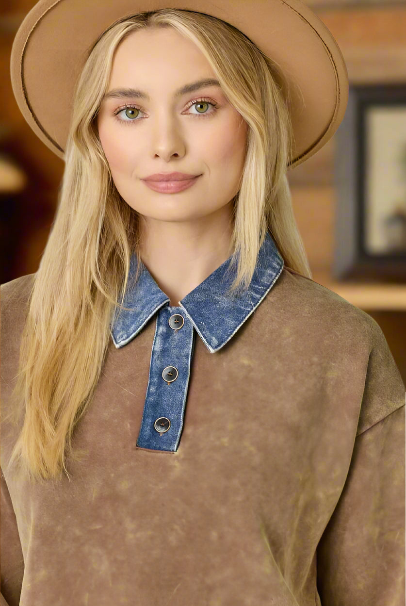 Mystree Denim Collar Washed Polo Shirt In Washed Brown-Tops-mystree-Deja Nu Boutique, Women's Fashion Boutique in Lampasas, Texas
