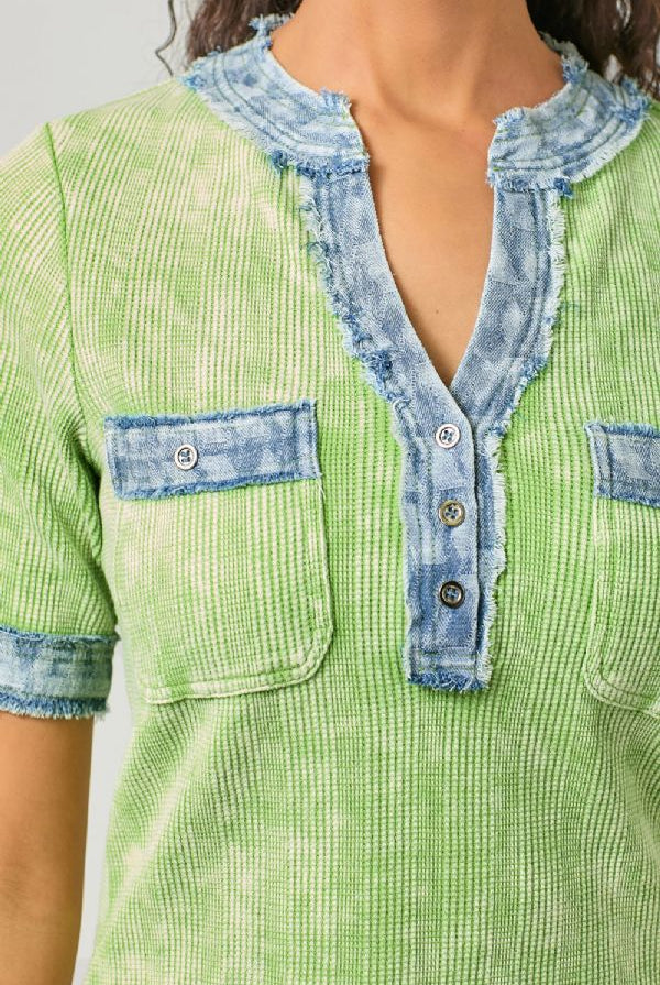 Mystree Kiwi Combo Corded Top with Frayed Denim Trim-Tops-Mystree-Deja Nu Boutique, Women's Fashion Boutique in Lampasas, Texas