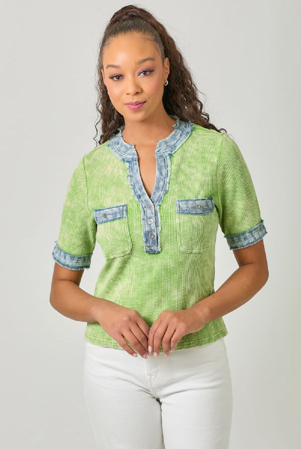 Mystree Kiwi Combo Corded Top with Frayed Denim Trim-Tops-Mystree-Deja Nu Boutique, Women's Fashion Boutique in Lampasas, Texas