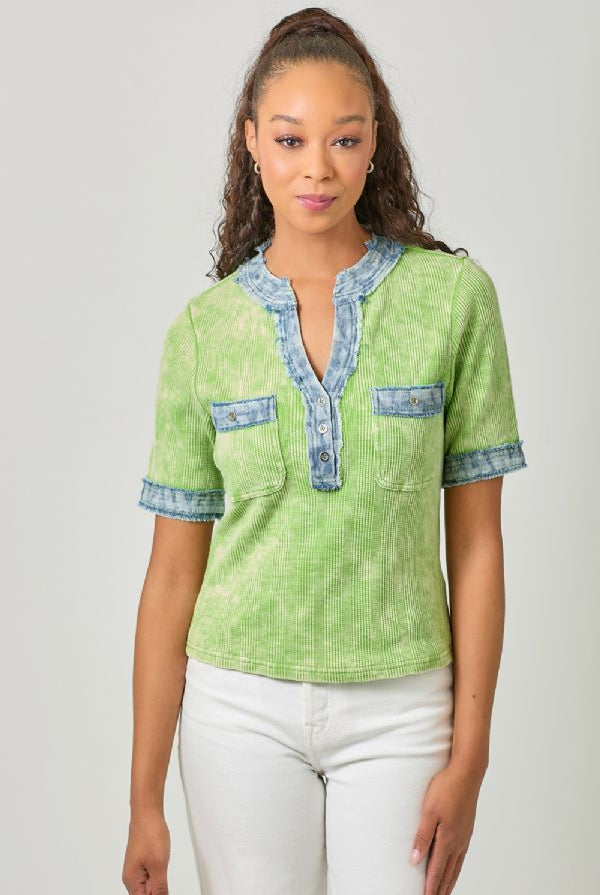 Mystree Kiwi Combo Corded Top with Frayed Denim Trim-Tops-Mystree-Deja Nu Boutique, Women's Fashion Boutique in Lampasas, Texas