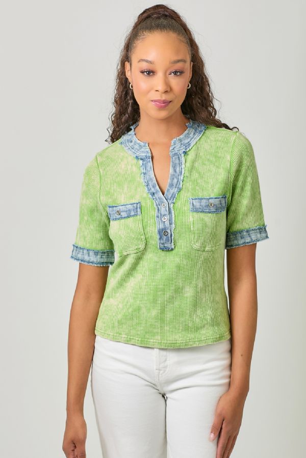 Mystree Kiwi Combo Corded Top with Frayed Denim Trim-Tops-Mystree-Deja Nu Boutique, Women's Fashion Boutique in Lampasas, Texas