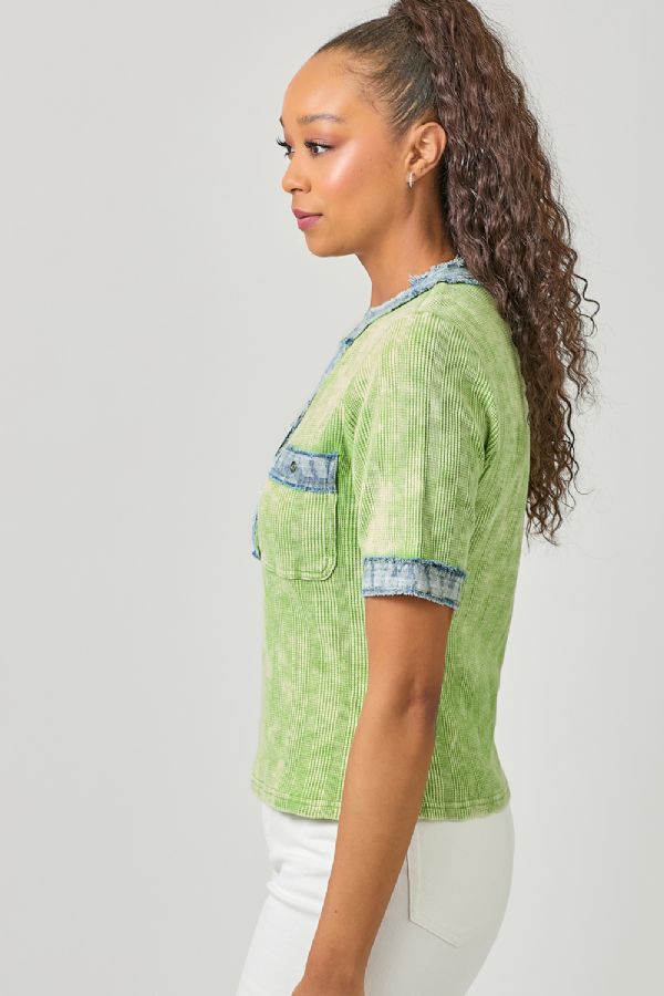 Mystree Kiwi Combo Corded Top with Frayed Denim Trim-Tops-Mystree-Deja Nu Boutique, Women's Fashion Boutique in Lampasas, Texas