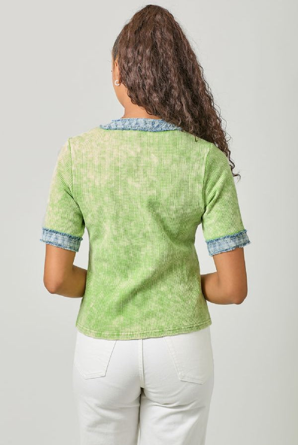 Mystree Kiwi Combo Corded Top with Frayed Denim Trim-Tops-Mystree-Deja Nu Boutique, Women's Fashion Boutique in Lampasas, Texas