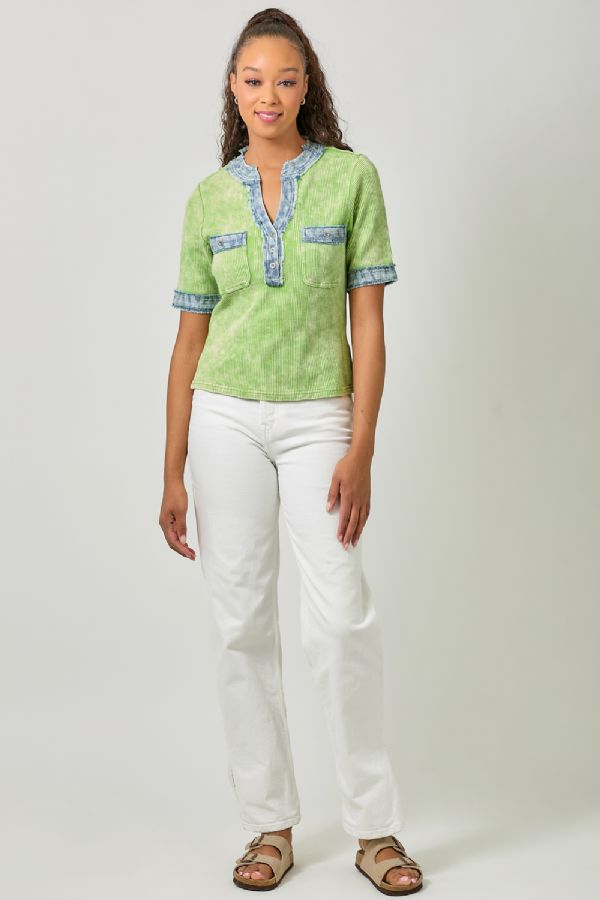 Mystree Kiwi Combo Corded Top with Frayed Denim Trim-Tops-Mystree-Deja Nu Boutique, Women's Fashion Boutique in Lampasas, Texas