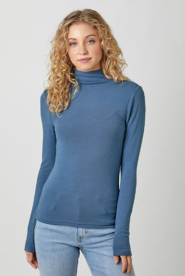 Mystree Mock Neck Long Sleeve Top In Blue-Sweaters-Mystree-Deja Nu Boutique, Women's Fashion Boutique in Lampasas, Texas