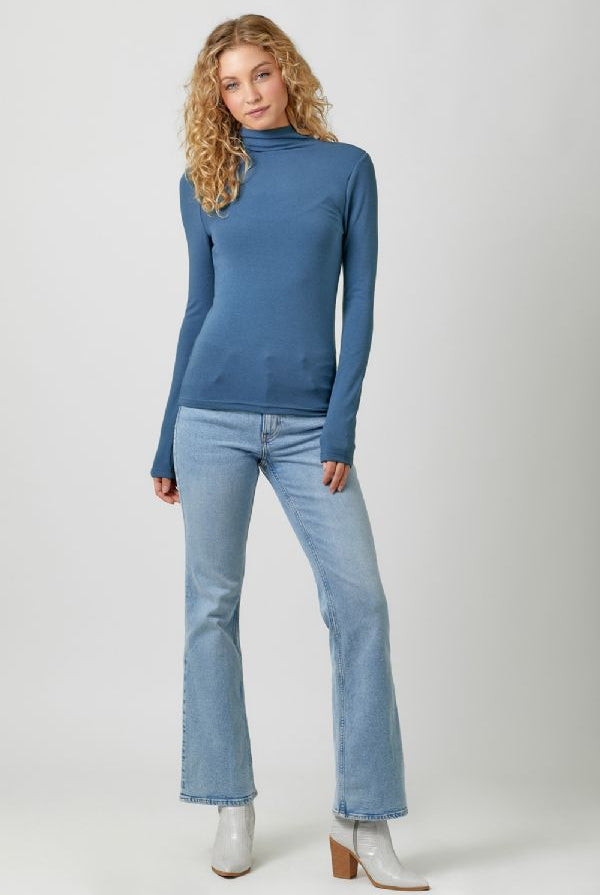 Mystree Mock Neck Long Sleeve Top In Blue-Sweaters-Mystree-Deja Nu Boutique, Women's Fashion Boutique in Lampasas, Texas