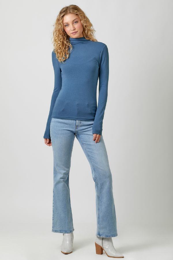 Mystree Mock Neck Long Sleeve Top In Blue-Sweaters-Mystree-Deja Nu Boutique, Women's Fashion Boutique in Lampasas, Texas