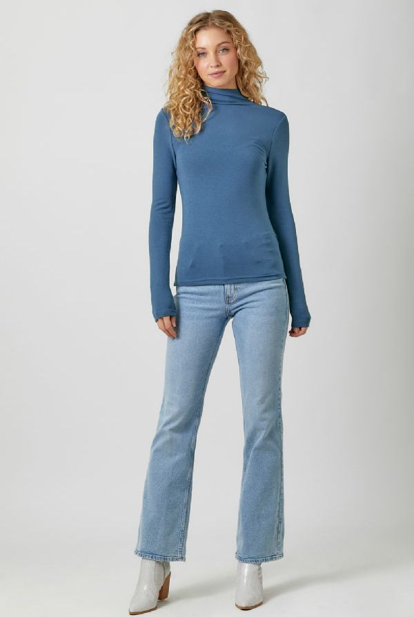 Mystree Mock Neck Long Sleeve Top In Blue-Sweaters-Mystree-Deja Nu Boutique, Women's Fashion Boutique in Lampasas, Texas