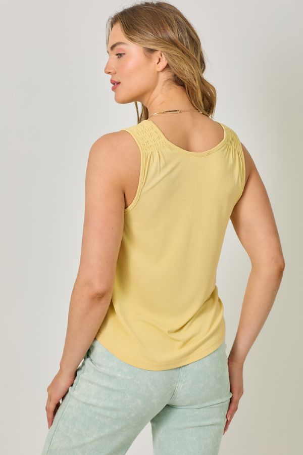 Mystree Muted Yellow Smocked Shoulder Tank-Camis/Tanks-Mystree-Deja Nu Boutique, Women's Fashion Boutique in Lampasas, Texas