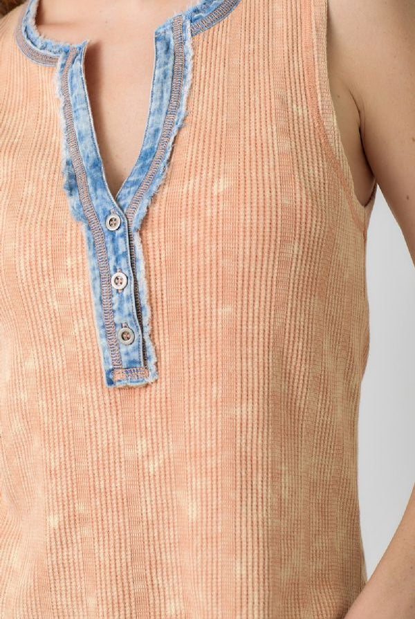 Mystree Peach Orange Washed Sleeveless Henley Top-Camis/Tanks-Mystree-Deja Nu Boutique, Women's Fashion Boutique in Lampasas, Texas