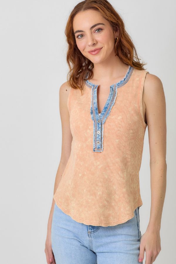 Mystree Peach Orange Washed Sleeveless Henley Top-Camis/Tanks-Mystree-Deja Nu Boutique, Women's Fashion Boutique in Lampasas, Texas