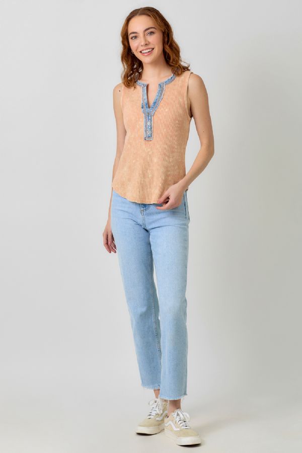 Mystree Peach Orange Washed Sleeveless Henley Top-Camis/Tanks-Mystree-Deja Nu Boutique, Women's Fashion Boutique in Lampasas, Texas