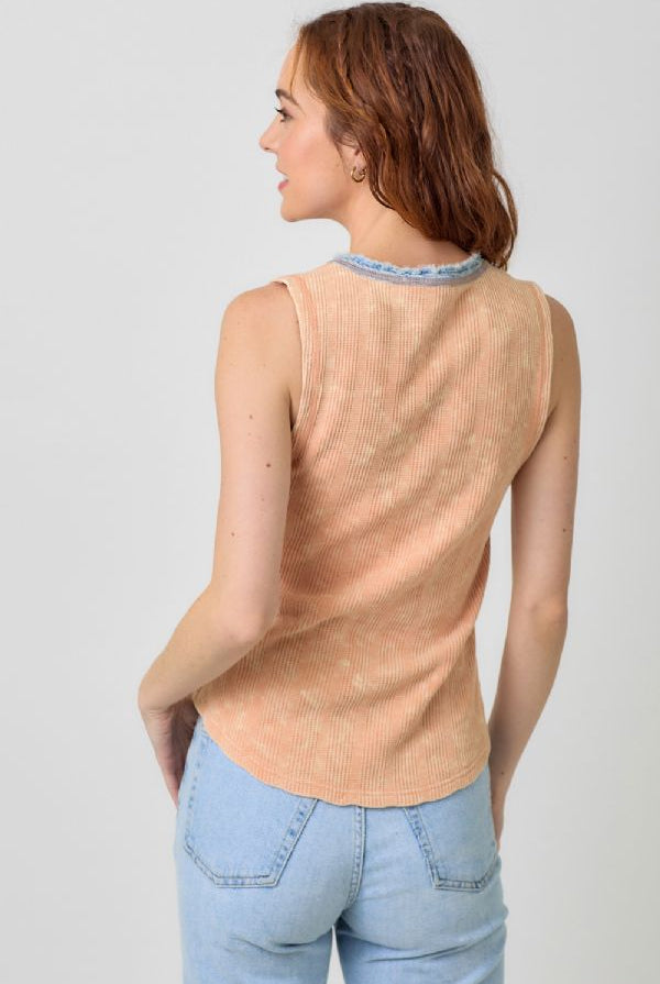 Mystree Peach Orange Washed Sleeveless Henley Top-Camis/Tanks-Mystree-Deja Nu Boutique, Women's Fashion Boutique in Lampasas, Texas