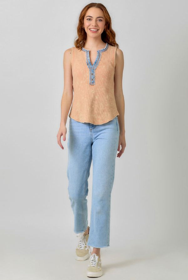 Mystree Peach Orange Washed Sleeveless Henley Top-Camis/Tanks-Mystree-Deja Nu Boutique, Women's Fashion Boutique in Lampasas, Texas