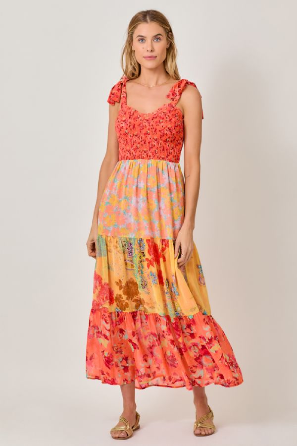 Mystree Tiered Maxi Dress with Tie Straps and Boho Floral Patchwork-Maxi Dresses-Mystree-Deja Nu Boutique, Women's Fashion Boutique in Lampasas, Texas