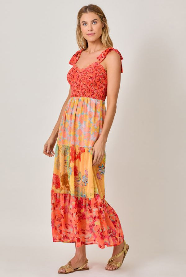Mystree Tiered Maxi Dress with Tie Straps and Boho Floral Patchwork-Maxi Dresses-Mystree-Deja Nu Boutique, Women's Fashion Boutique in Lampasas, Texas