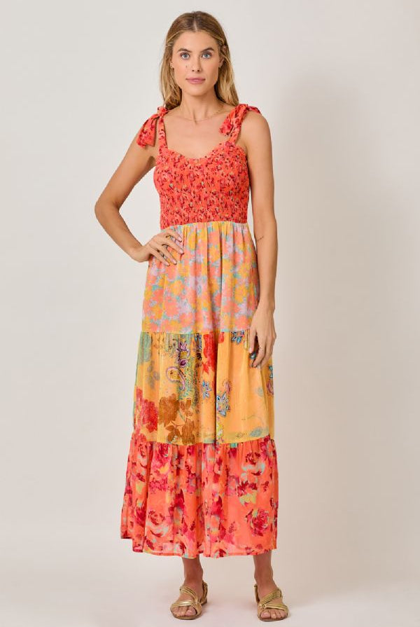 Mystree Tiered Maxi Dress with Tie Straps and Boho Floral Patchwork-Maxi Dresses-Mystree-Deja Nu Boutique, Women's Fashion Boutique in Lampasas, Texas