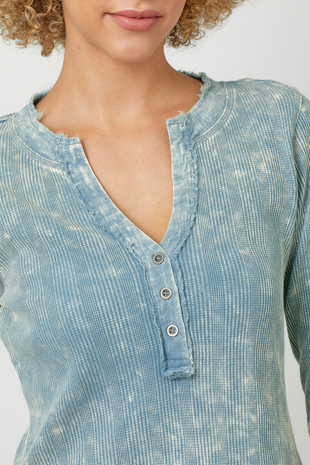 Mystree Washed Thermal Henley Tee In Washed Blue-shirts-Mystree-Deja Nu Boutique, Women's Fashion Boutique in Lampasas, Texas